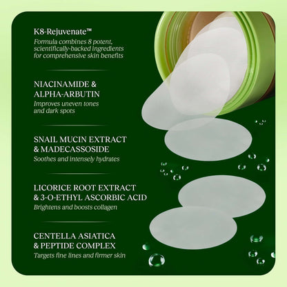 JiYu Toning Polish Pads - Korean Skincare for Dark Spots,Wrinkles & Dull Skin - Hydrating Facial Treatment with Snail Mucin, Niacinamide, Peptides & Centella - 100 Count